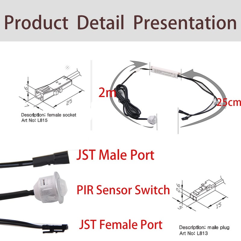 VST Motion Sensor Light Switch, Proximity Sensor Switch, Led Light Automatic Witch for Closet Light Under Cabinets Counters Closets Wardrobes with 12V JST Male and Female (DC 12-24V) - Image 2